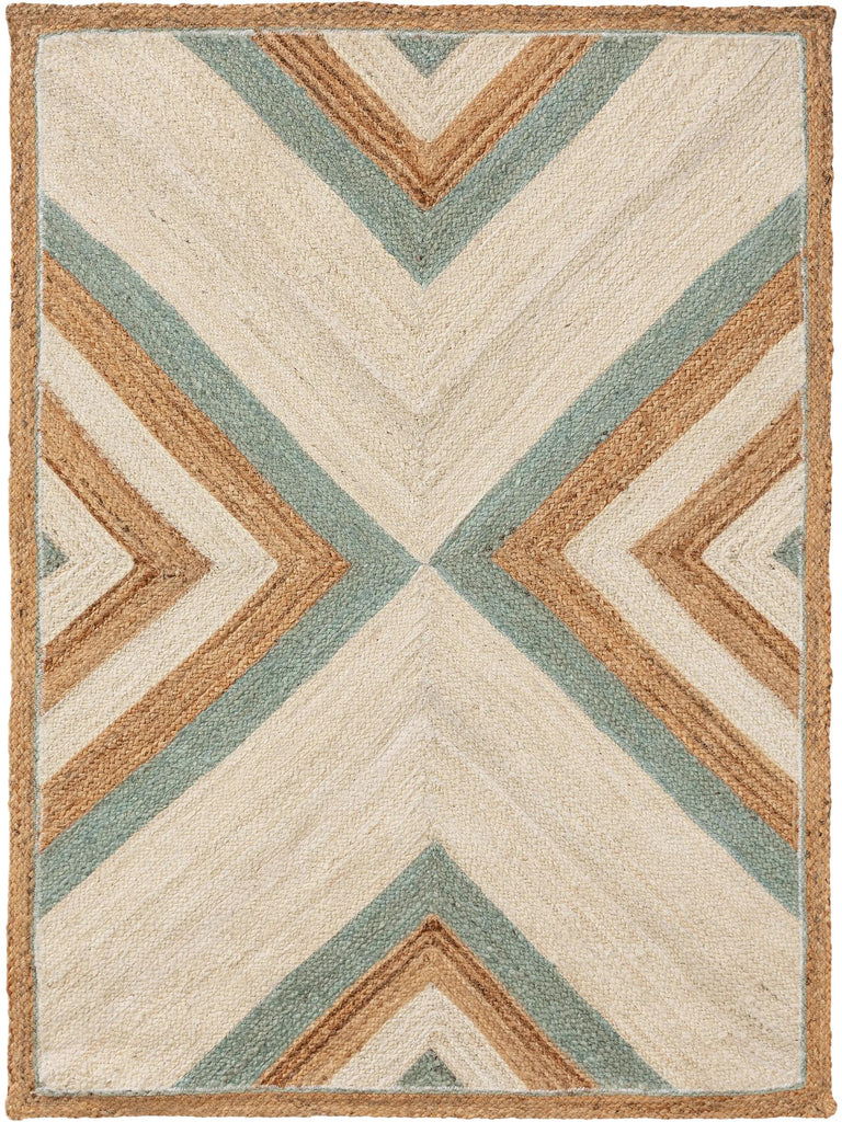 Tapis géométrique motif ethnique enfant beige et vert menthe en jute 160x230 cm