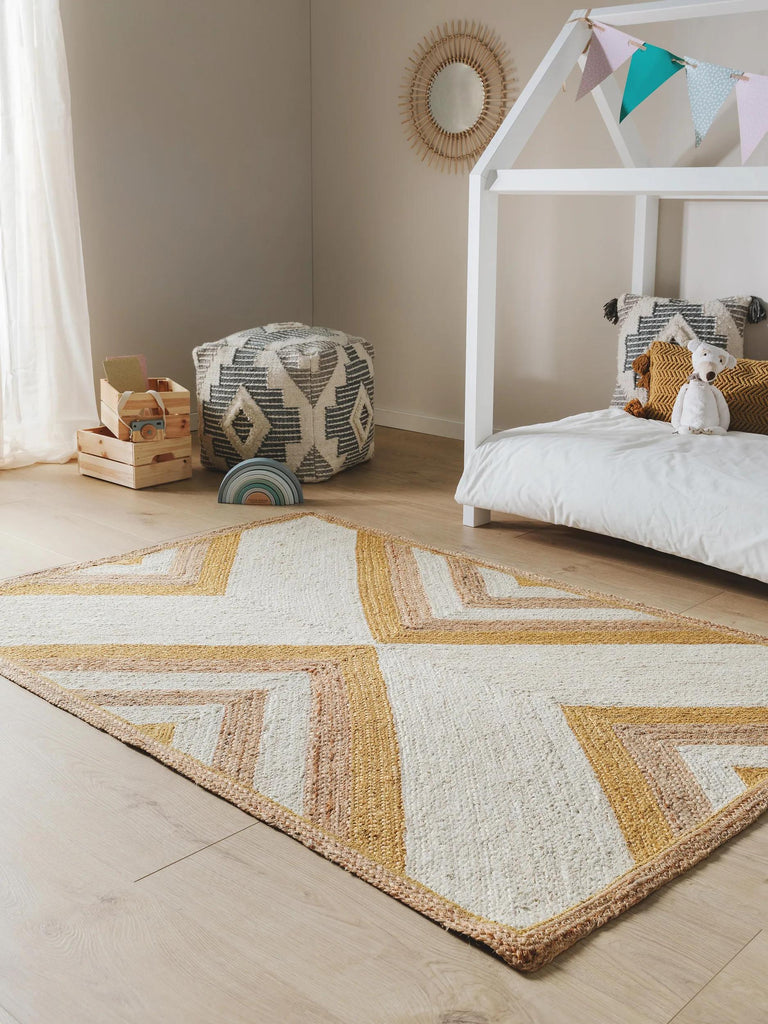 Tapis géométrique motif ethnique enfant orange et beige en jute 160x230 cm