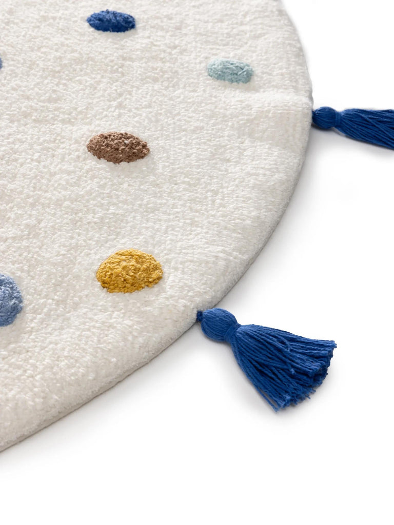 Tapis scandinave à poids avec franges rond enfant blanc et bleu en coton 80 cm de diamètre