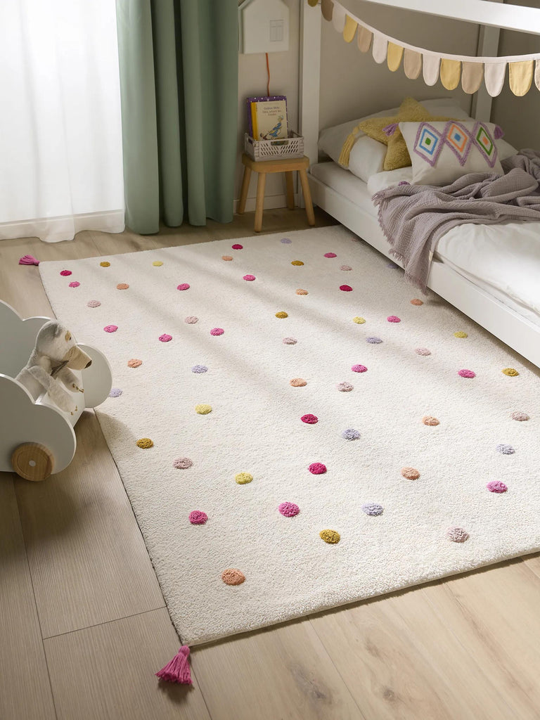 Tapis scandinave à poids avec franges enfant beige et rose en coton 120x170 cm