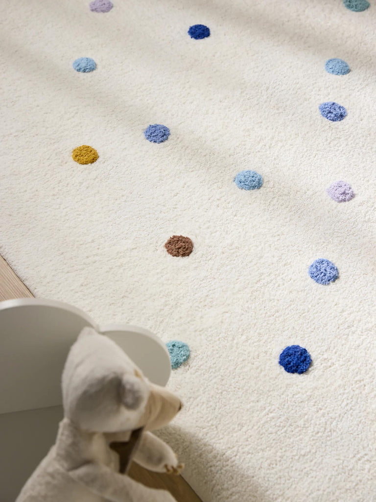 Tapis scandinave à poids avec franges enfant blanc et bleu en coton 80x120 cm
