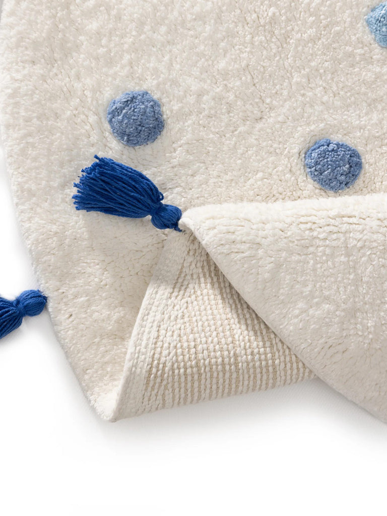 Tapis scandinave à poids avec franges rond enfant blanc et bleu en coton 120 cm de diamètre