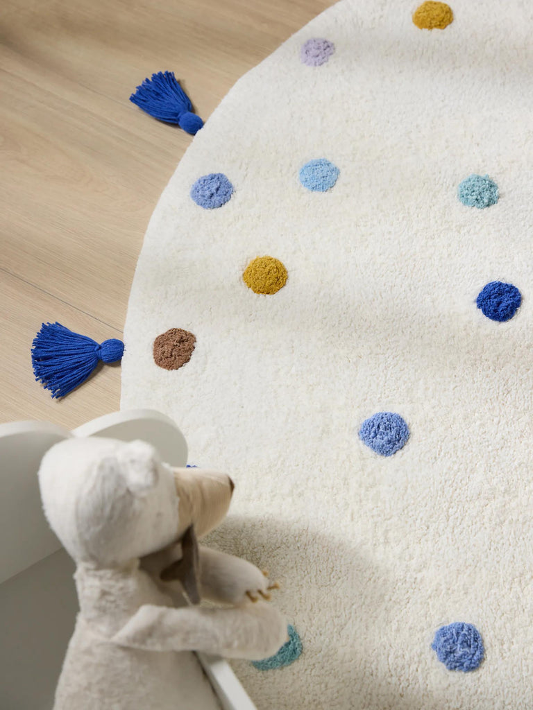 Tapis scandinave à poids avec franges rond enfant blanc et bleu en coton 120 cm de diamètre