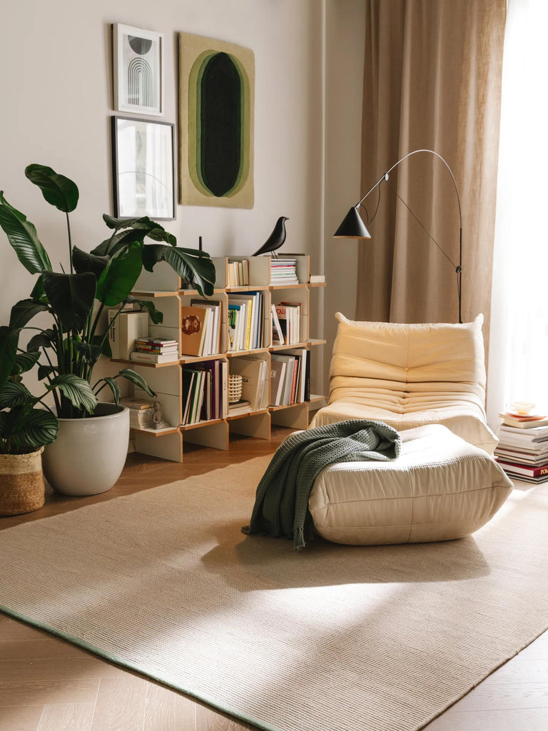 Tapis scandinave tressage géométrique beige et vert d'intérieur et d'extérieur 160x230 cm