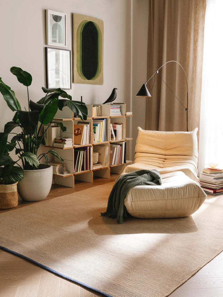 Tapis scandinave tressage géométrique beige et bleu d'intérieur et d'extérieur 120x170 cm