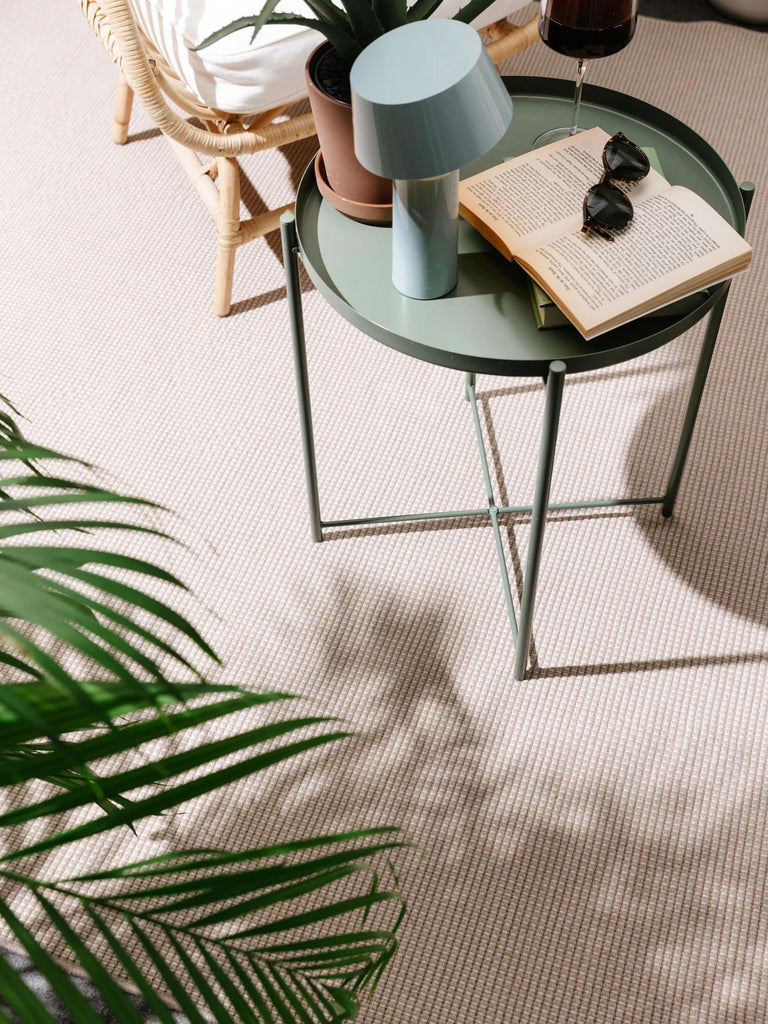 Tapis scandinave tressage géométrique beige et vert d'intérieur et d'extérieur 120x170 cm