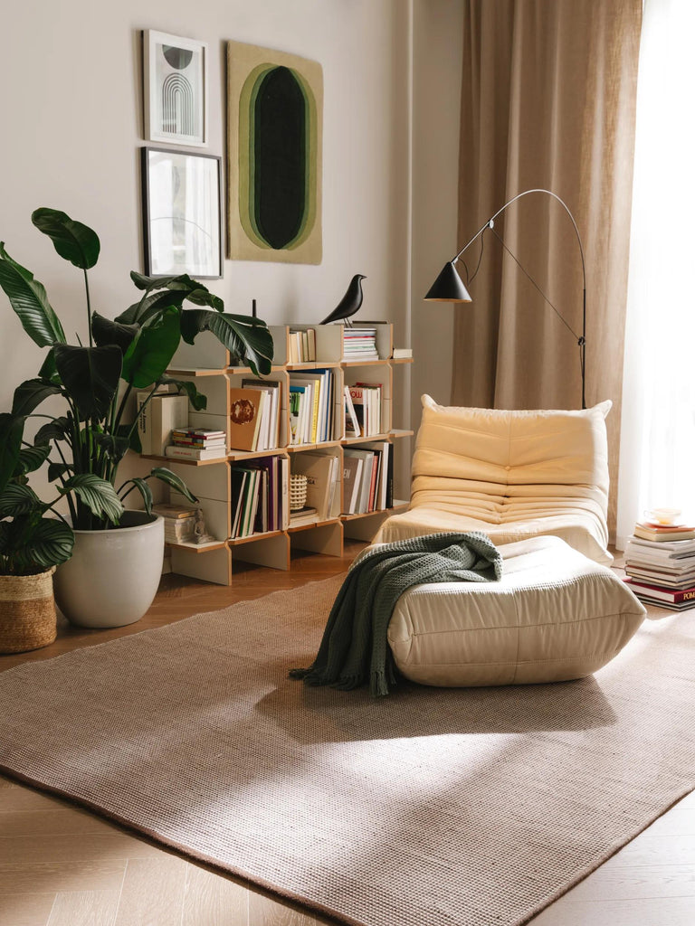 Tapis scandinave tressage géométrique beige et marron d'intérieur et d'extérieur 160x230 cm