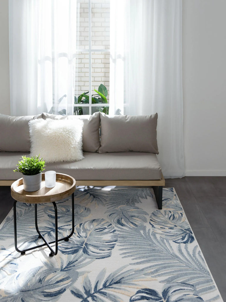 Tapis moderne motif floral palmier gris et bleu d'intérieur et d'extérieur 80x150 cm