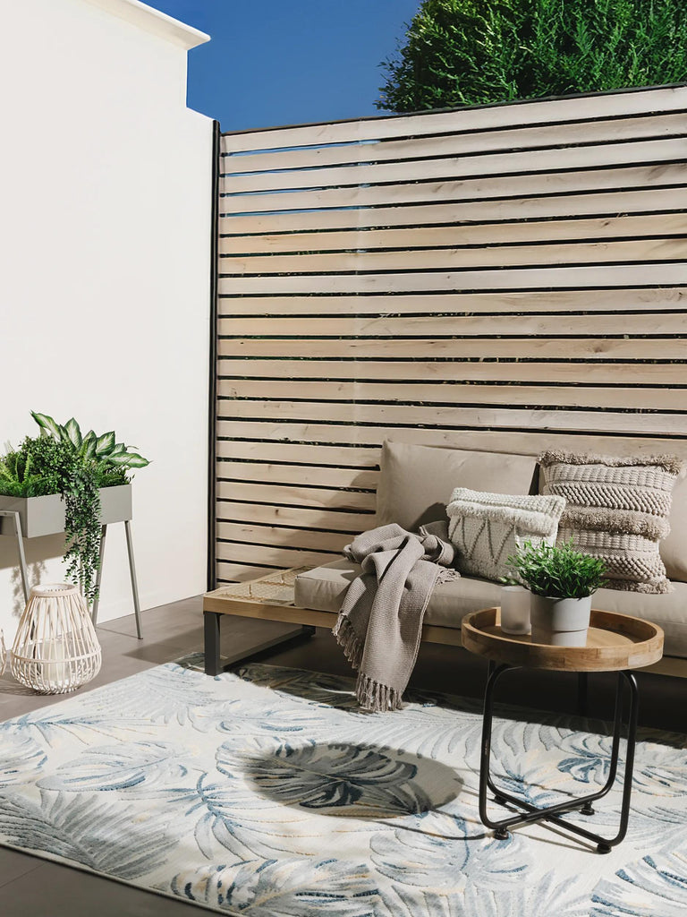 Tapis moderne motif floral palmier gris et bleu d'intérieur et d'extérieur 200x300 cm