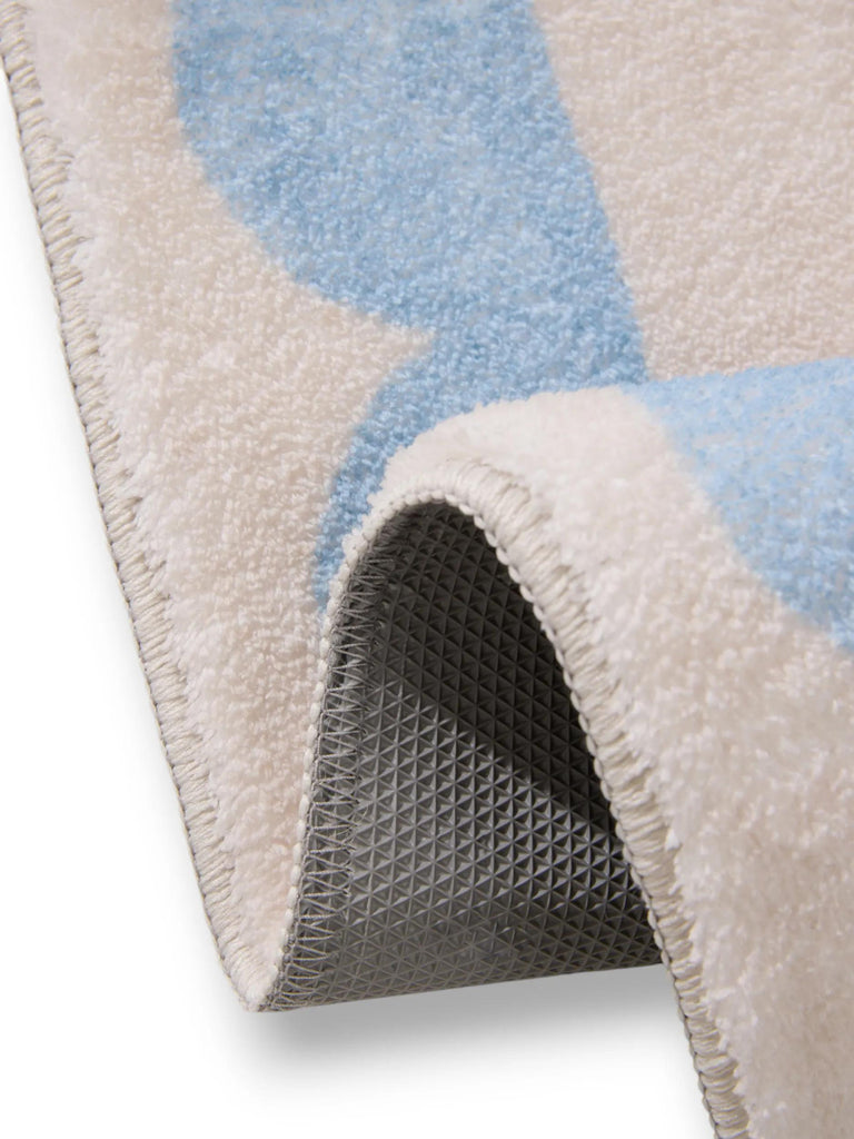 Tapis moderne encadrement retro de bain beige et bleu 60x120 cm