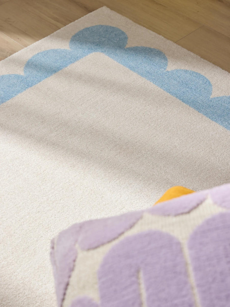 Tapis moderne encadrement retro beige et bleu 250x350 cm