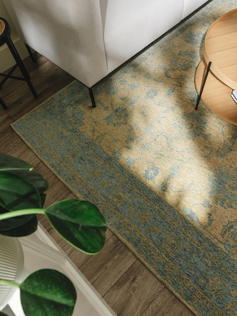 Tapis vintage motif floral beige et vieux bleu 100x160 cm