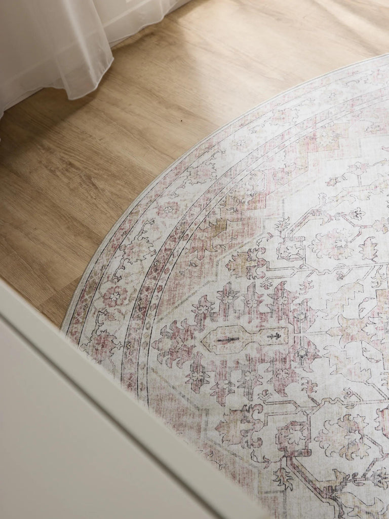 Tapis vintage rond beige et rose lavable 120 cm de diamètre