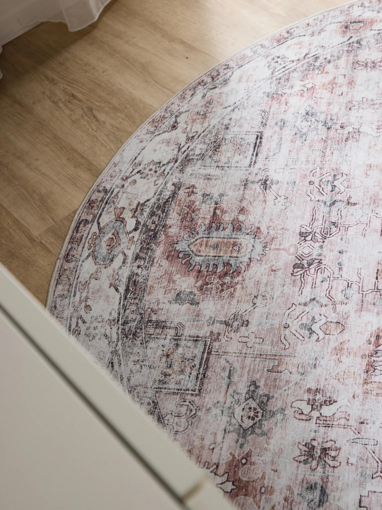 Tapis vintage motif ethnique rond beige et blanc lavable 120 cm de diamètre