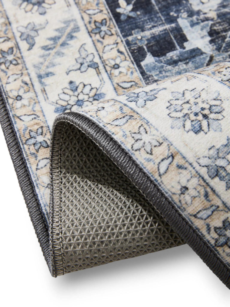 Tapis vintage motif floral bleu et beige lavable 160x230 cm