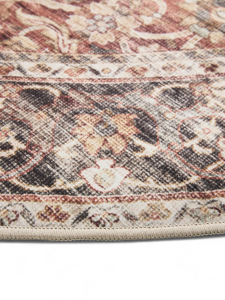 Tapis oriental vintage rond marron lavable 160 cm de diamètre