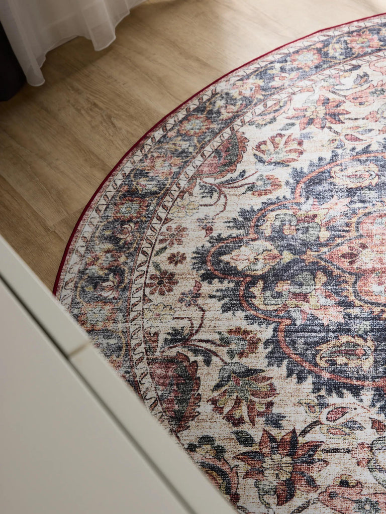 Tapis vintage motif oriental rond beige lavable 160 cm de diamètre