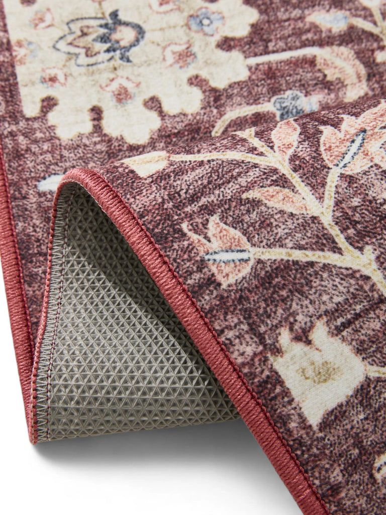 Tapis ethnique motif floral de couloir bordeaux lavable 80x240 cm
