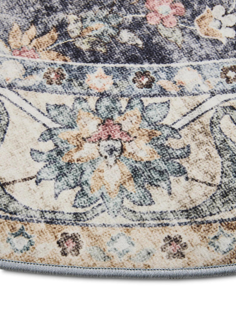 Tapis oriental vintage rond bleu lavable 160 cm de diamètre