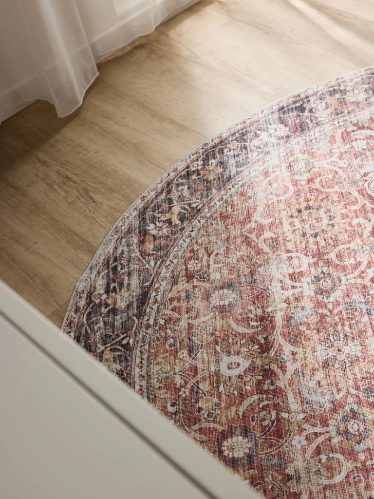 Tapis oriental vintage rond marron lavable 160 cm de diamètre