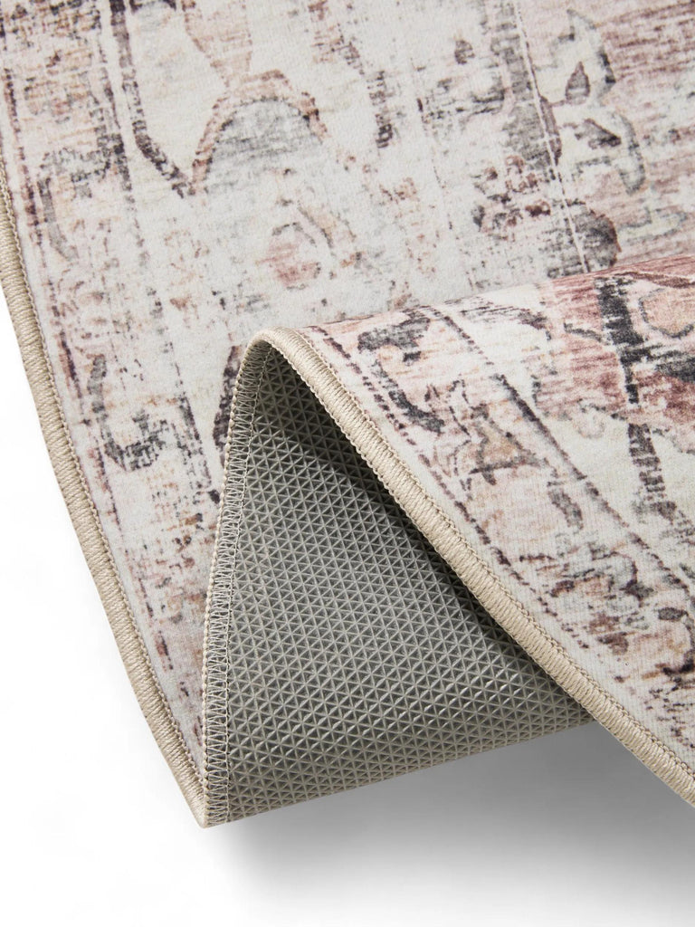 Tapis vintage motif ethnique rond beige et blanc lavable 120 cm de diamètre