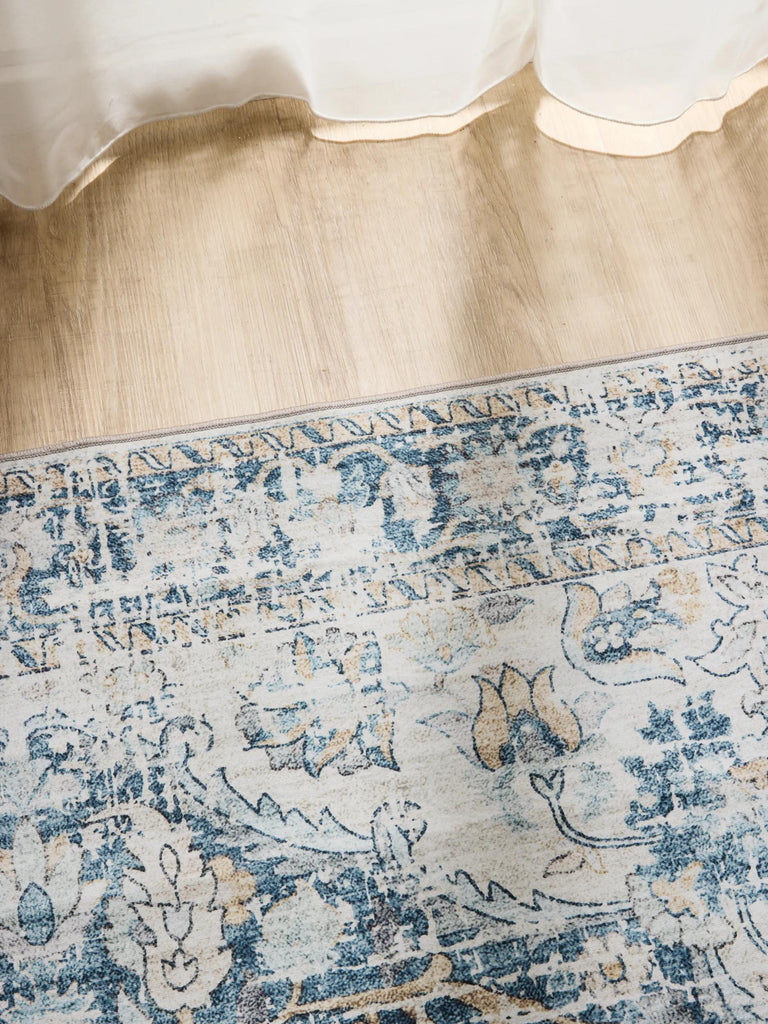 Tapis vintage motif floral de couloir beige et bleu lavable 80x240 cm