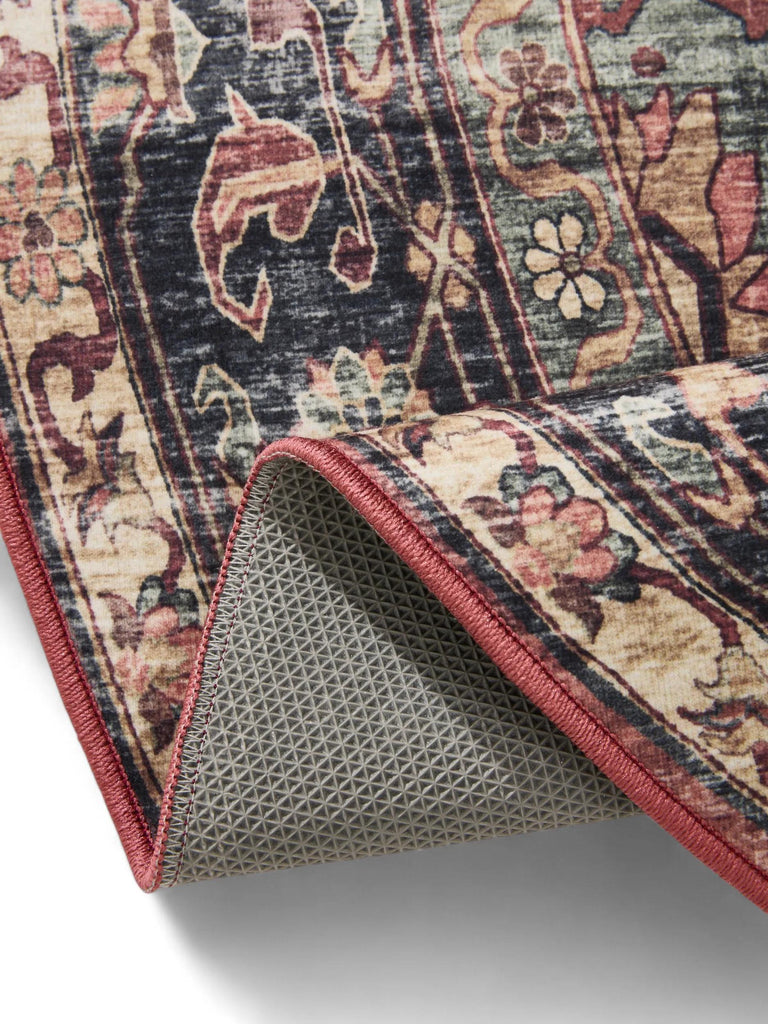 Tapis vintage motif ethnique rond bordeaux et noir lavable 160 cm de diamètre