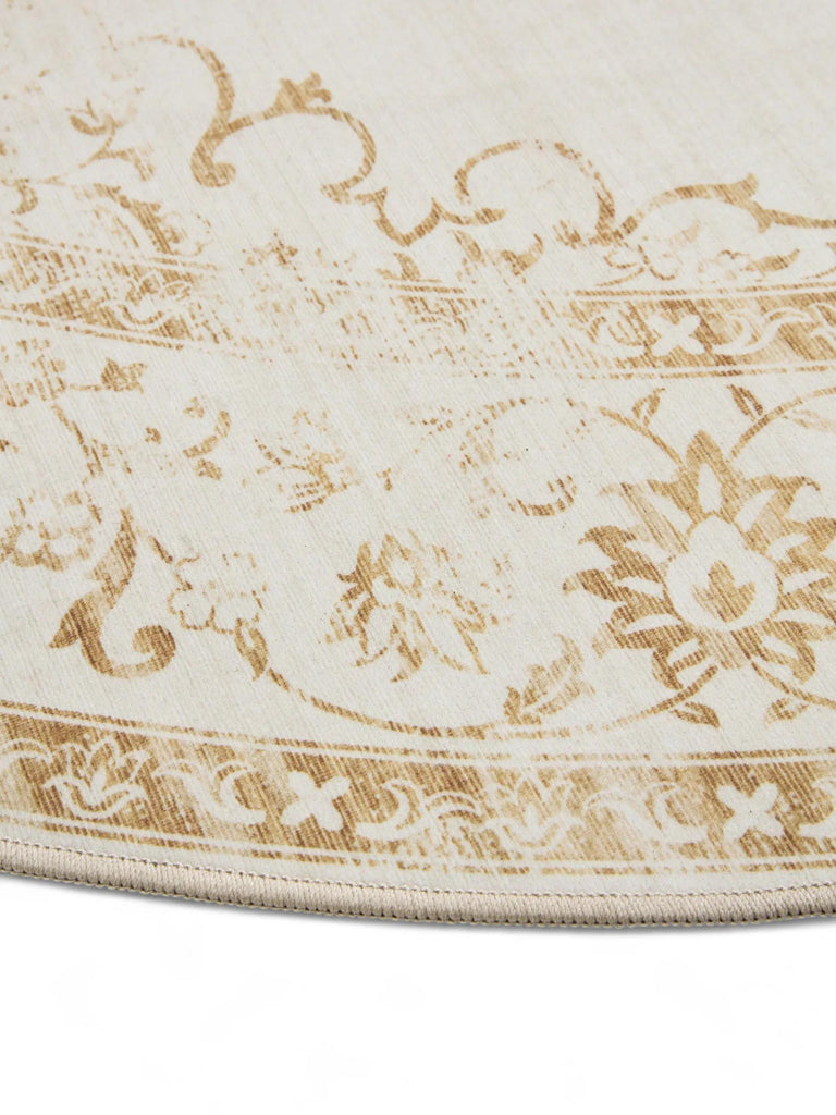 Tapis vintage inspiration oriental rond beige lavable 120 cm de diamètre