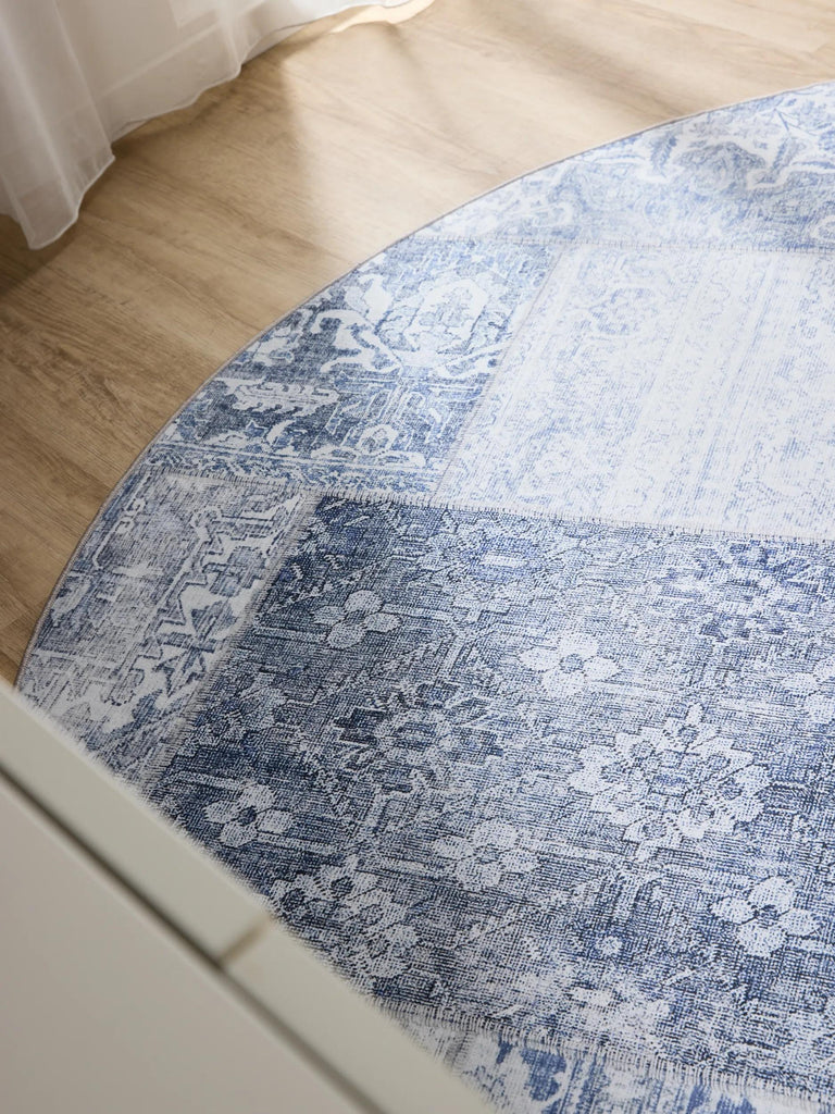 Tapis patchwork vintage rond bleu lavable 120 cm de diamètre