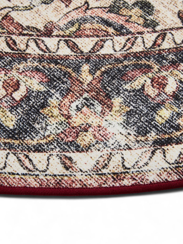 Tapis vintage motif oriental rond beige lavable 160 cm de diamètre