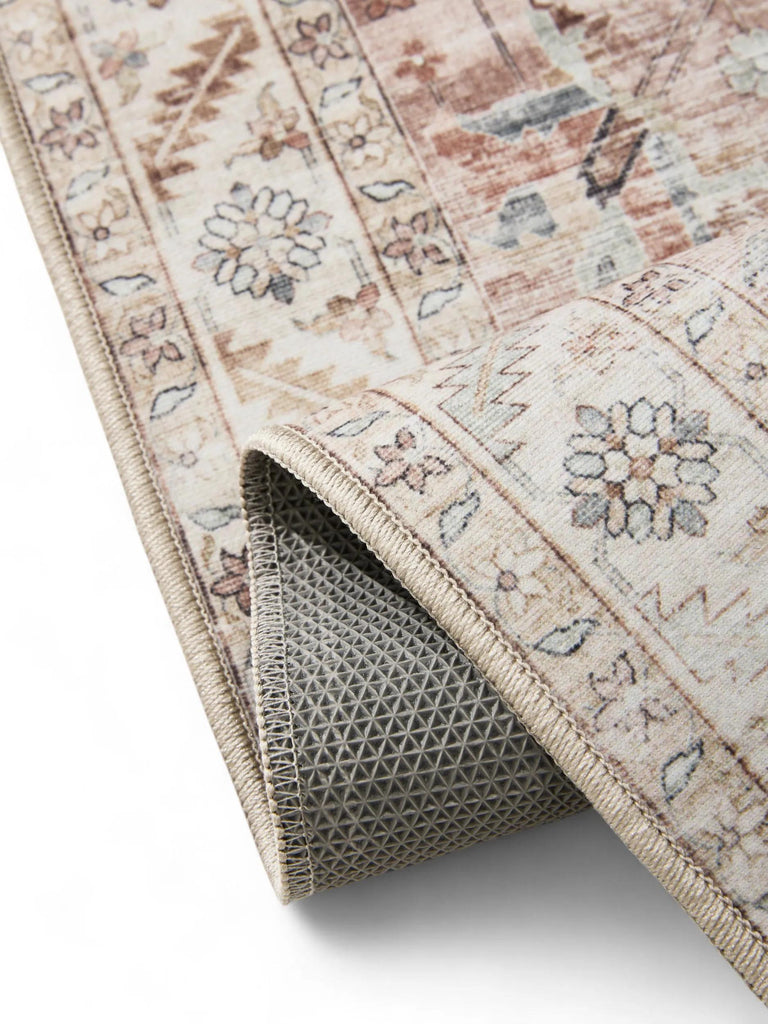 Tapis vintage motif floral de couloir beige lavable 80x240 cm