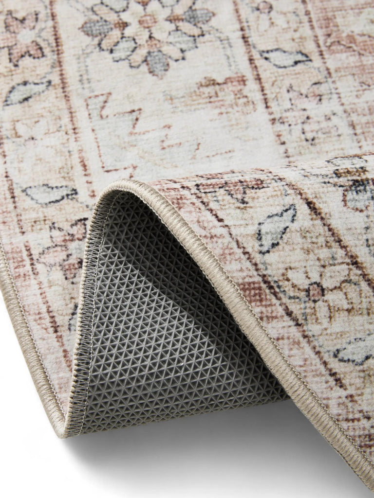 Tapis vintage motif floral rond beige lavable 120 cm de diamètre