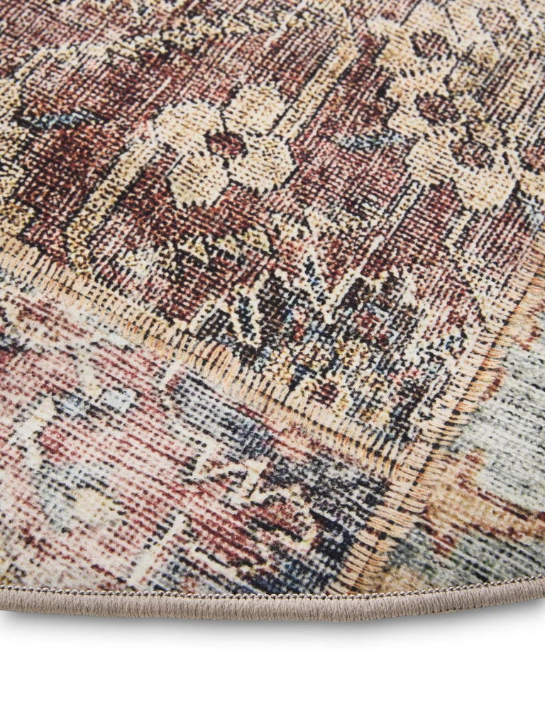 Tapis patchwork vintage rond marron et bordeaux lavable 160 cm de diamètre