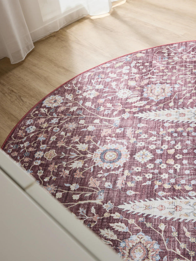Tapis ethnique motif floral rond bordeaux lavable 120 cm de diamètre