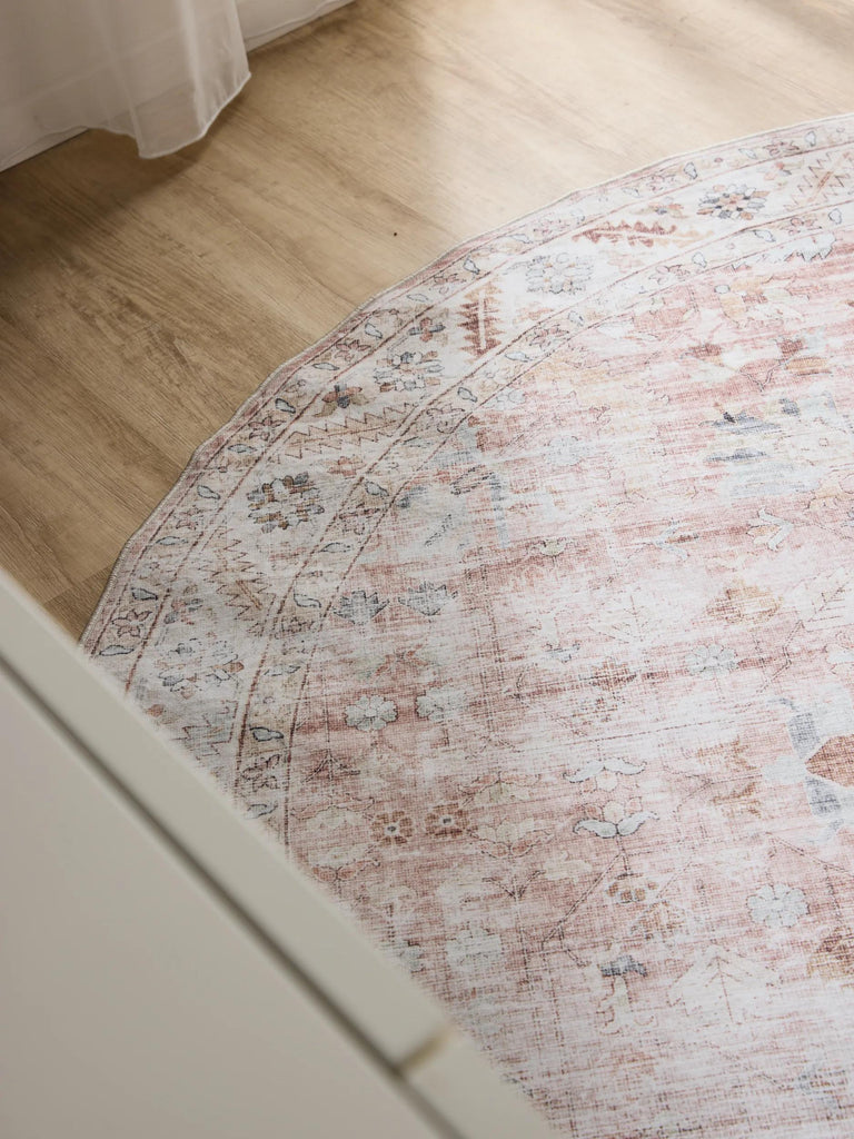 Tapis vintage motif floral rond beige lavable 120 cm de diamètre