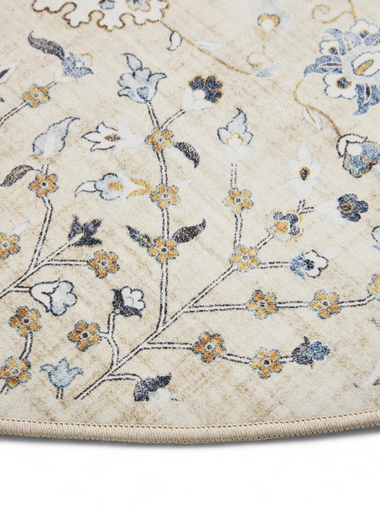 Tapis à fleurs rond beige lavable 120 cm de diamètre