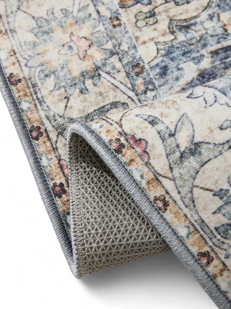 Tapis oriental vintage de couloir bleu lavable 80x240 cm