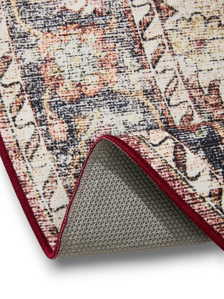 Tapis vintage motif oriental rond beige lavable 160 cm de diamètre