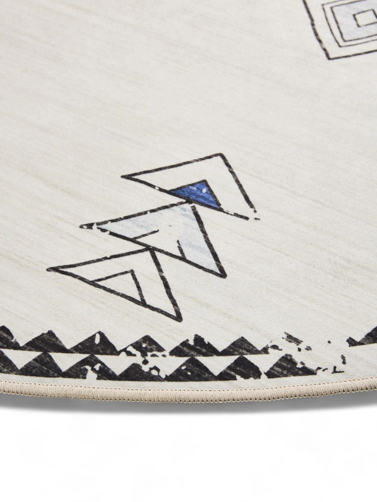 Tapis ethnique inspiration berbère rond beige et bleu lavable 160 cm de diamètre