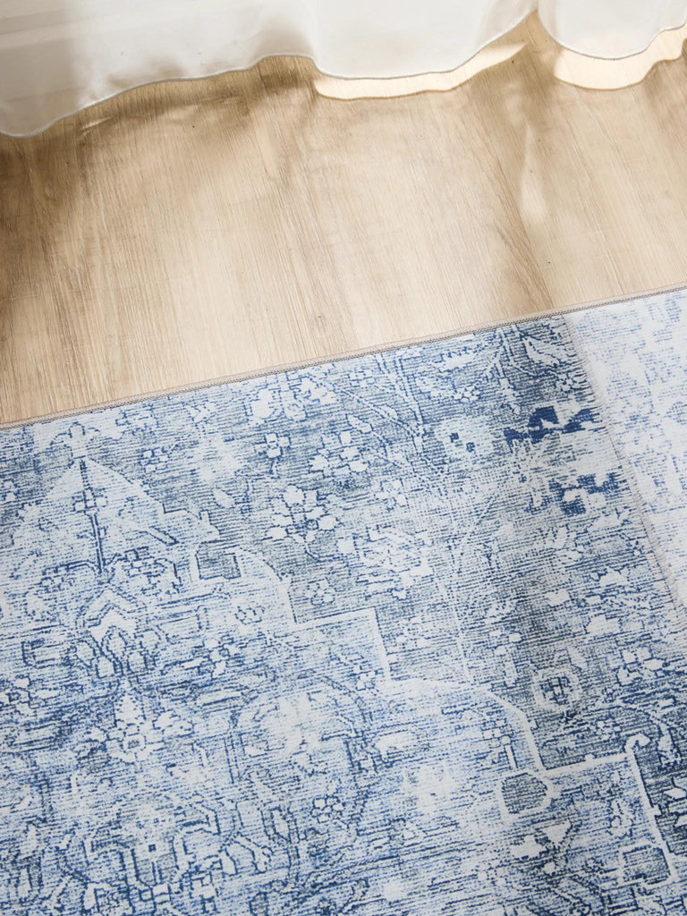 Tapis patchwork vintage de couloir bleu lavable 80x240 cm