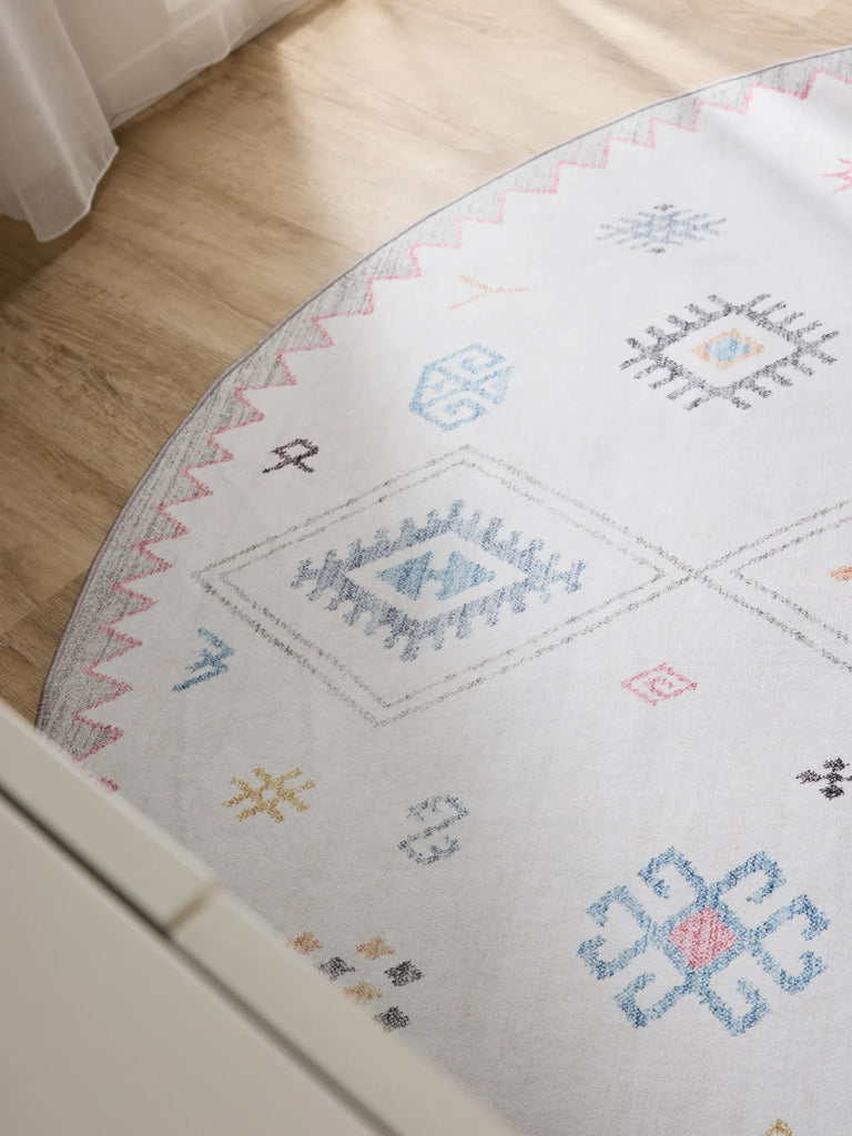 Tapis ethnique inspiration berbère rond multicolore lavable 160 cm de diamètre