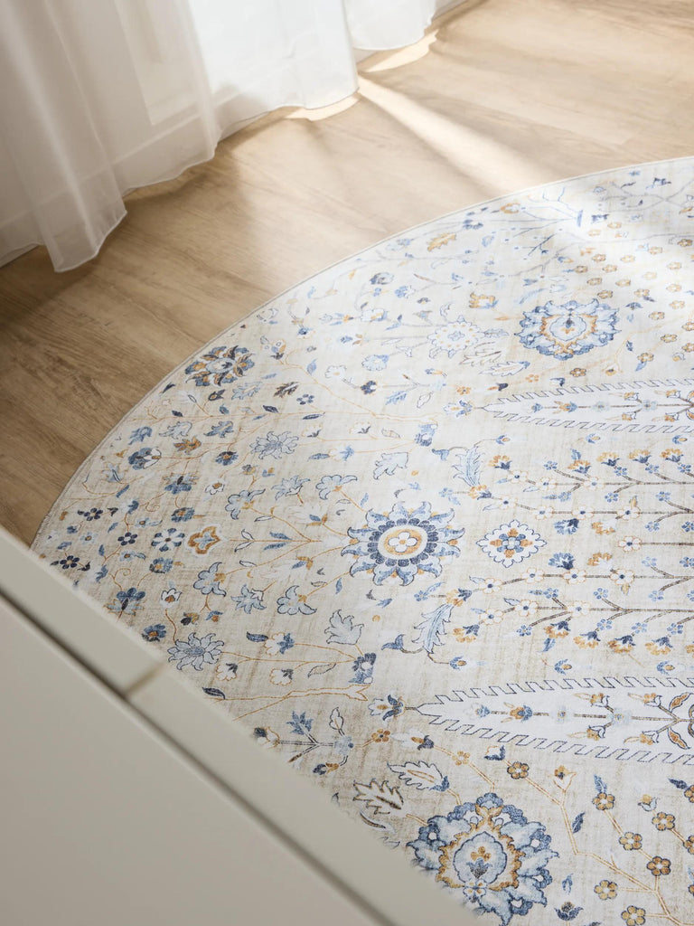 Tapis à fleurs rond beige lavable 120 cm de diamètre