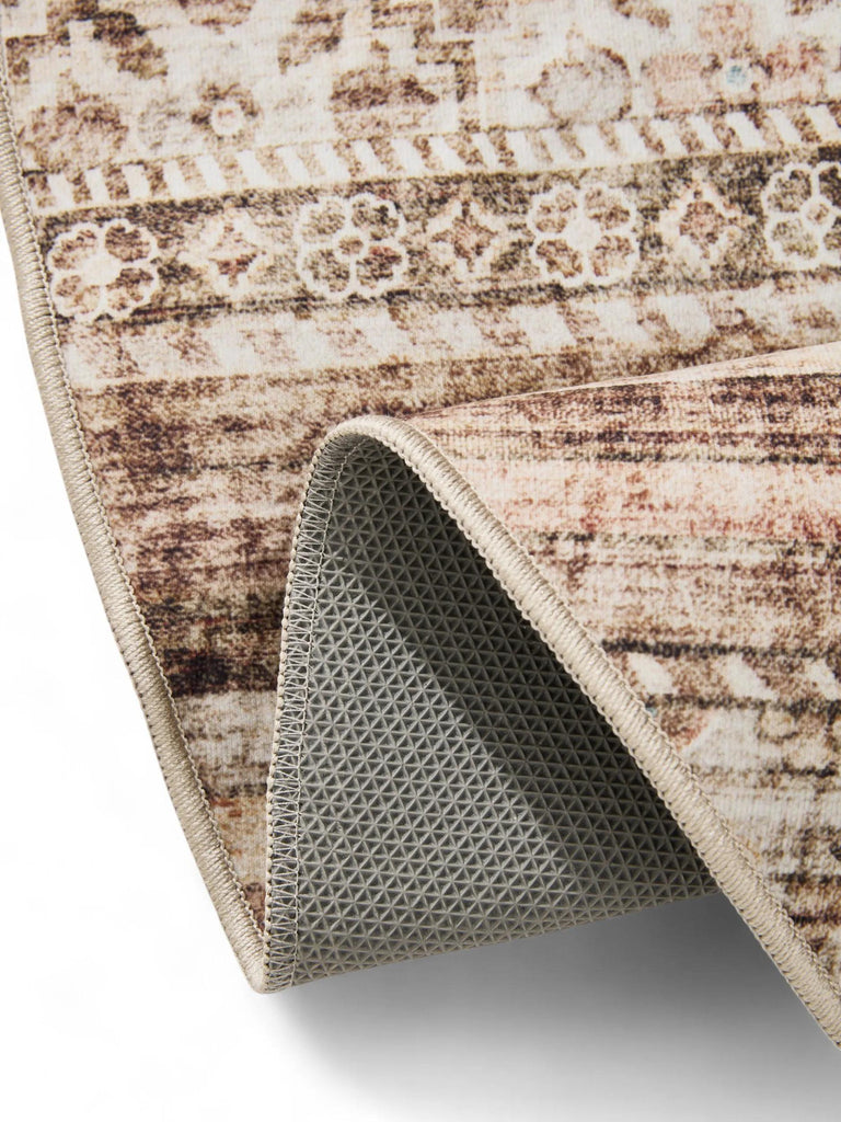 Tapis ethnique vintage rond marron lavable 160 cm de diamètre