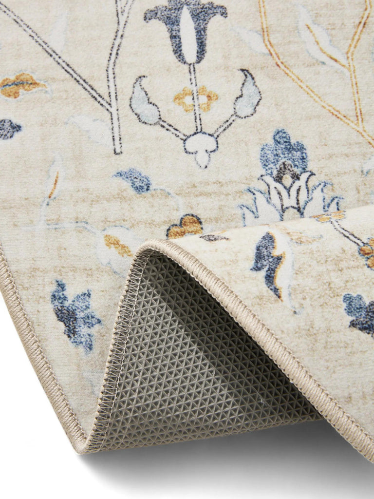 Tapis à fleurs rond beige lavable 120 cm de diamètre