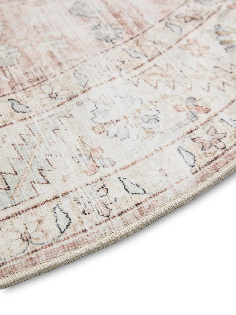 Tapis vintage motif floral rond beige lavable 120 cm de diamètre