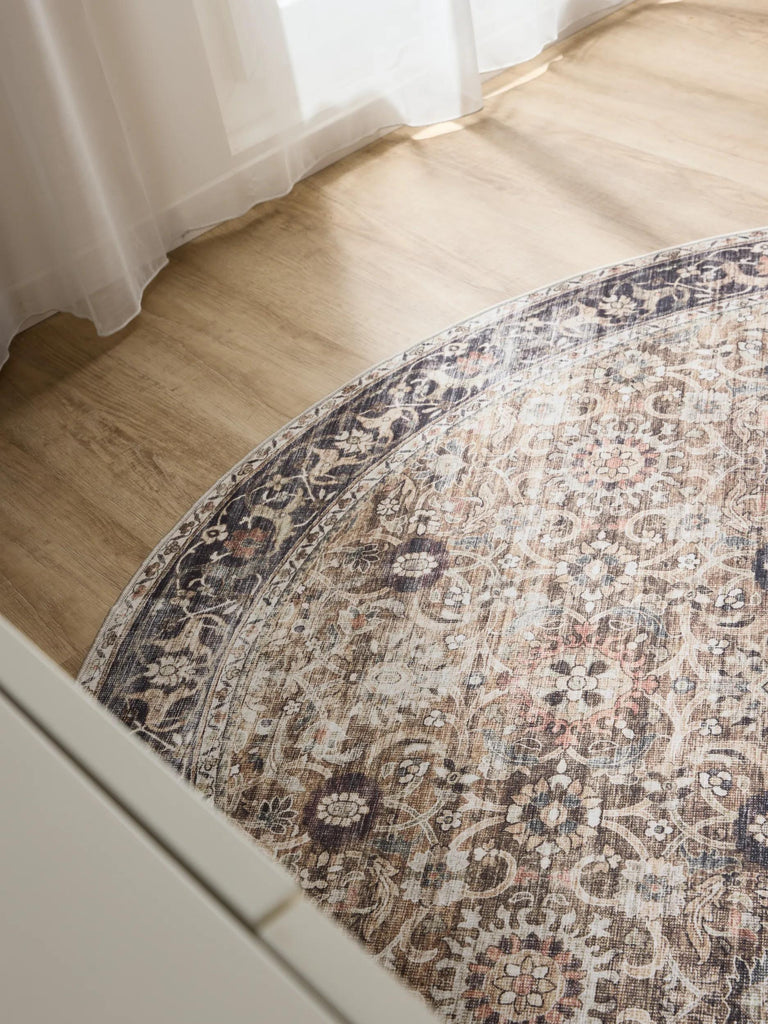 Tapis oriental vintage rond gris et marron lavable 160 cm de diamètre