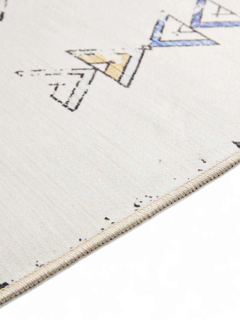 Tapis ethnique inspiration berbère de couloir beige et bleu lavable 80x240 cm