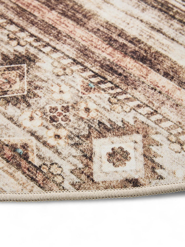 Tapis ethnique vintage rond marron lavable 160 cm de diamètre