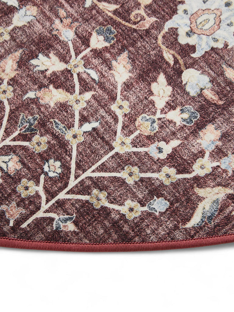 Tapis ethnique motif floral rond bordeaux lavable 120 cm de diamètre