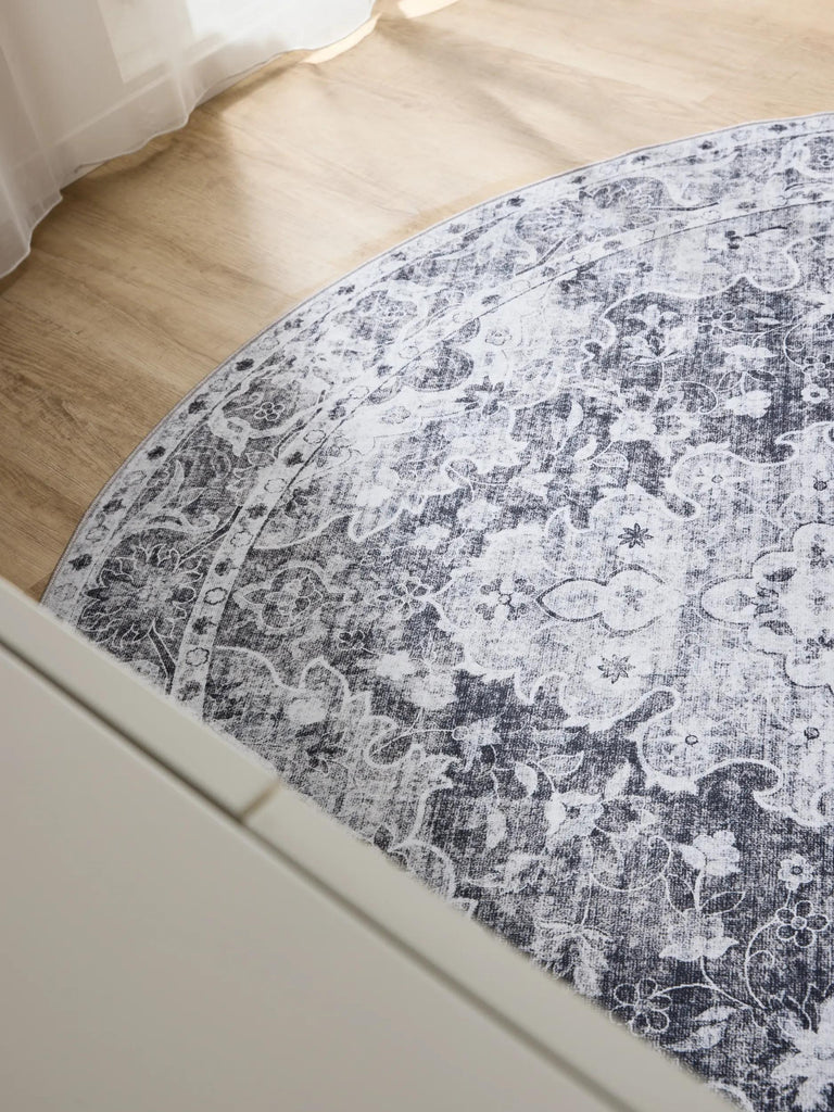 Tapis oriental vintage rond gris lavable 120 cm de diamètre